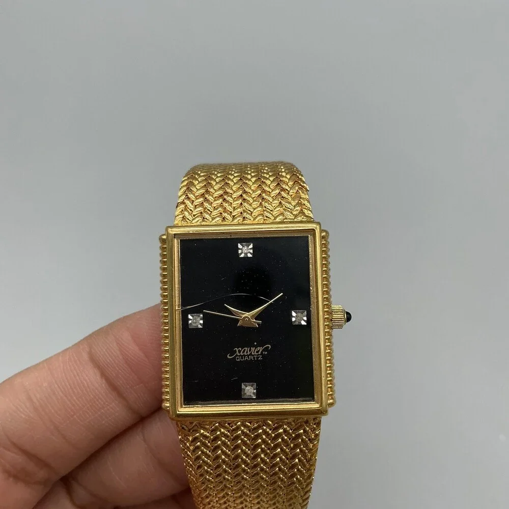 Xavier Mens Watch 25mm Black Dial Gold Tone CRYSTAL CRACKED New Battery